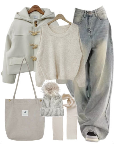 OOTD: Hooded Coat + Round Neck Sweater + 90s Jeans + Tote Bag