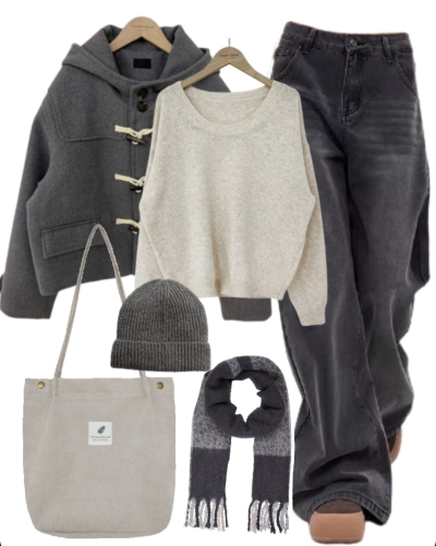 OOTD: Hooded Coat + Round Neck Sweater + Baggy Jeans + Tote Bag
