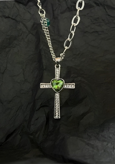 Goth Shiny Heart Cross Necklace