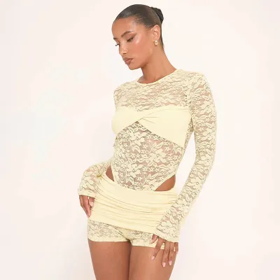 Lace Top & Bodysuit Two Piece Set