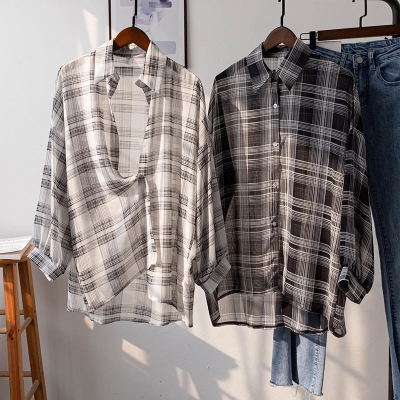 Vintage Plaid Print Oversized Thin Blouse