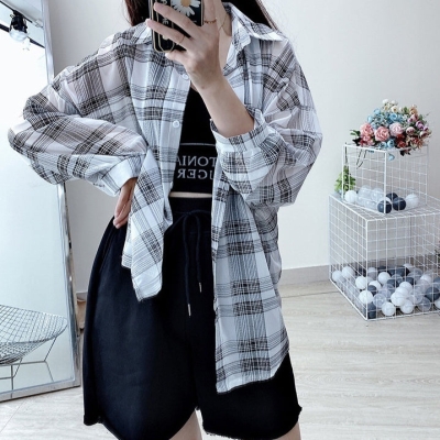 Vintage Plaid Print Oversized Thin Blouse