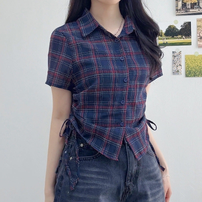 Vintage Plaid Print Short Sleeve Blouse