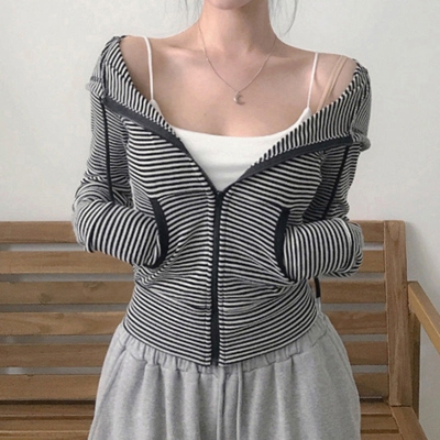 Vintage Striped Slim Knitted Zip Up Hoodie