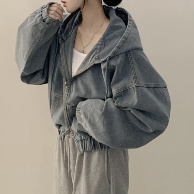 Vintage Denim Zip Up Hooded Loose Jacket