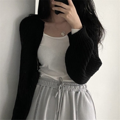 Vintage Solid Color Open Front Crop Knitted Cardigan