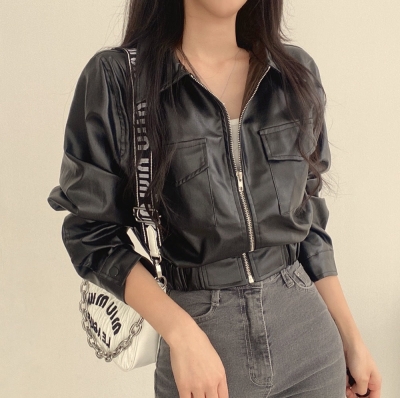 Collared Plain Faux Leather Zip Jacket