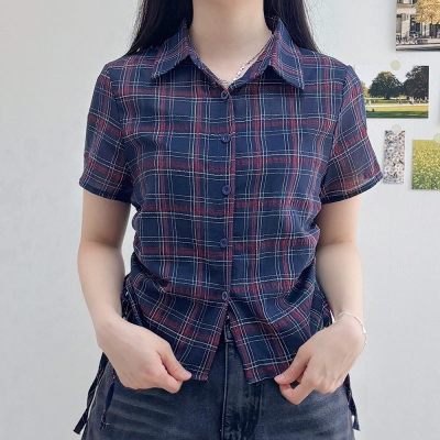 Vintage Plaid Print Short Sleeve Blouse