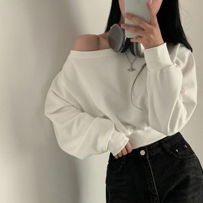 Solid Color Off-shoulder Loose Crop Sweatshirt
