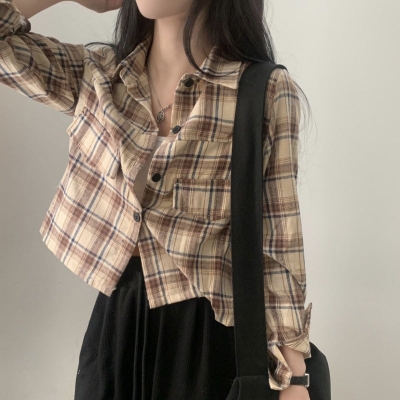 Plaid Print Crop Long Sleeve Blouse