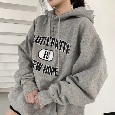Solid Color Embroidered Letter Loose Hoodie