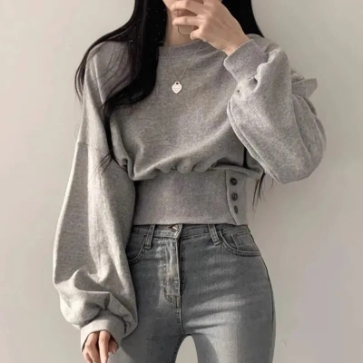 Solid Color Round Neck Side Button Crop Sweatshirt