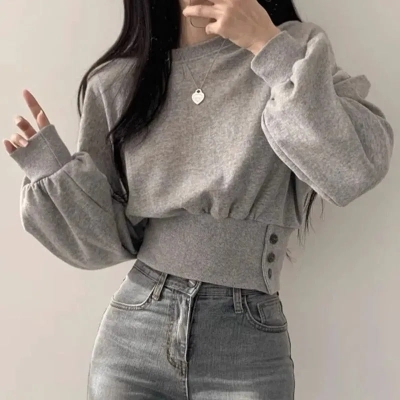 Solid Color Round Neck Side Button Crop Sweatshirt