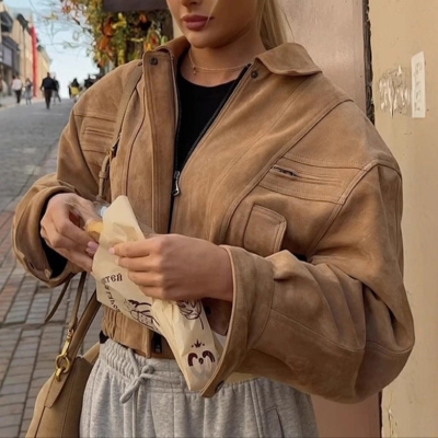 Vintage Suede Pocket Zip Up Lapel Jacket