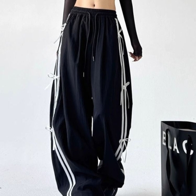 Side Striped Bow Tie Wide Leg Sweatpants