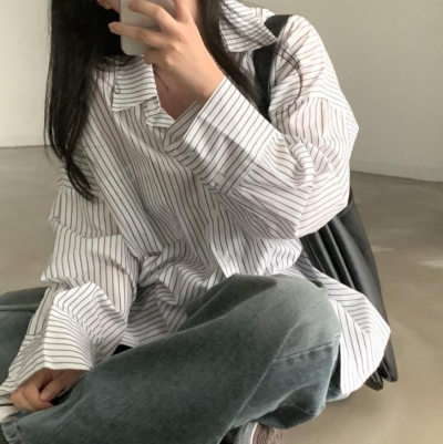 Vintage Striped Long Sleeve Oversized Casual Blouse