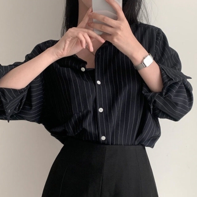 Vintage Striped Oversized Long Sleeve Blouse