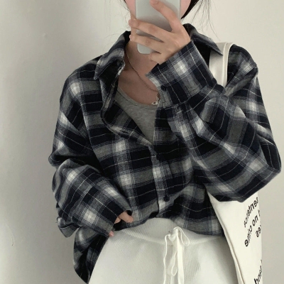 Vintage Plaid Print Loose Long Sleeve Blouse