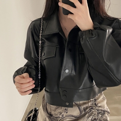 Button-Up Faux Leather Crop Jacket