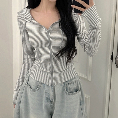 Vintage Striped Slim Knitted Zip Up Hoodie