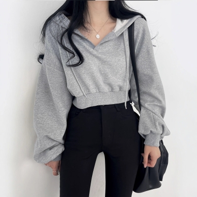 Solid Color Loose Lantern Sleeve Cropped Hoodie