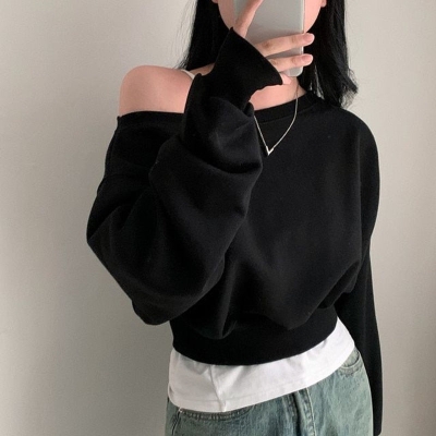 Solid Color Off-shoulder Loose Crop Sweatshirt