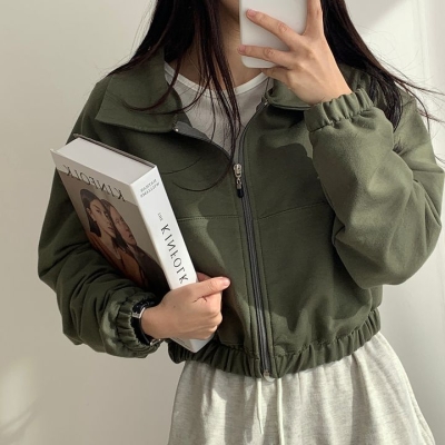 Solid Color Front Pocket Zip Up Jacket