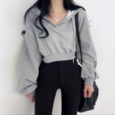 Solid Color Loose Lantern Sleeve Cropped Hoodie