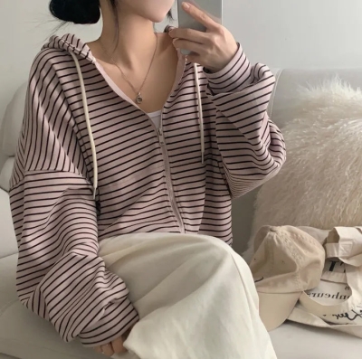 Vintage Striped Oversized Zip Up Hoodie