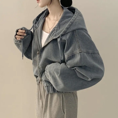 Vintage Denim Zip Up Hooded Loose Jacket
