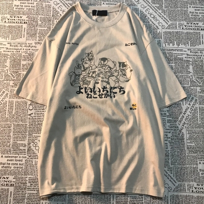 Japanese Cats Print Oversized T-shirt