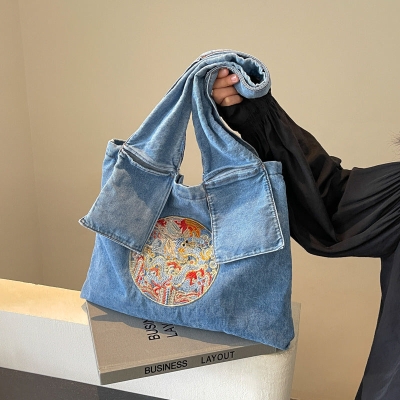Indie Embroidered Denim Tote Bag