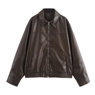Vintage Pu Leather Zip Up Bomber Jacket