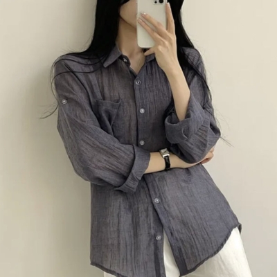 Vintage Solid Color Long Sleeve Thin Loose Blouse