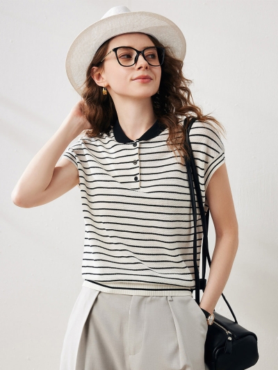 Women's Cotton Silk Striped Knit Polo Shirt