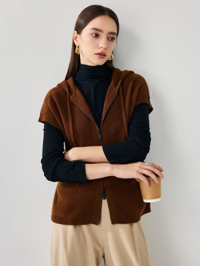 100% Cashmere Women's Hooded Double-Head Zipper Vest