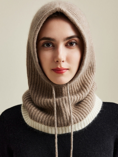 100% Cashmere  Women's Ribbed Cozy Reversible Knit Hood