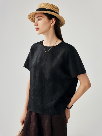 Women's Dual Color T-Shirt with Textured Floral