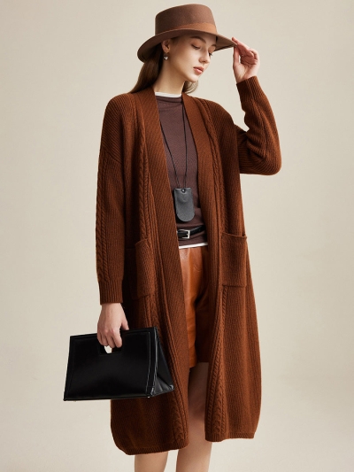 100% Wool Women's Cardigan Long Knit Coats with Pockets