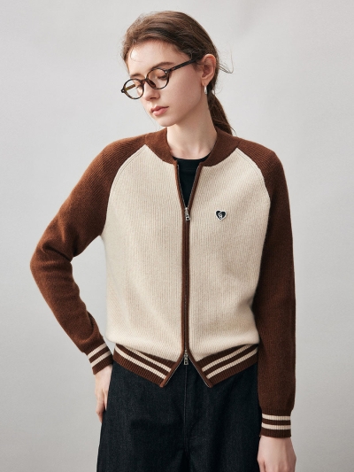 100% Cashmere Women's Color Block Knit Baseball Jacket