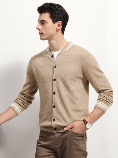100% Cashmere Men's Striped Collar Button Cardigan