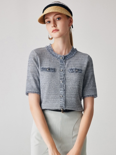 Women's Cotton Silk Frayed Edge Button-Up Blouse