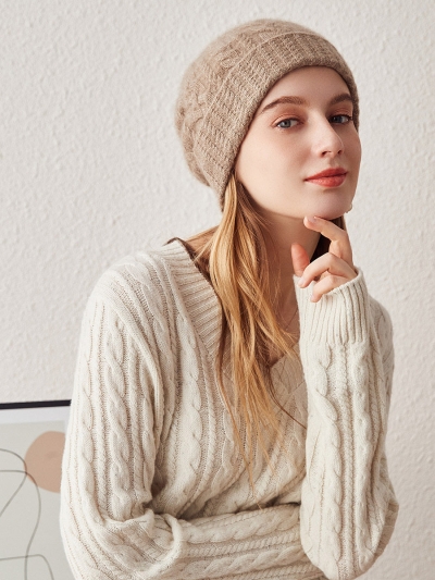 100% Cashmere Stylish Cable Knit Beanie