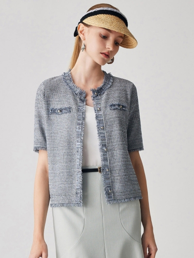 Women's Cotton Silk Frayed Edge Button-Up Blouse