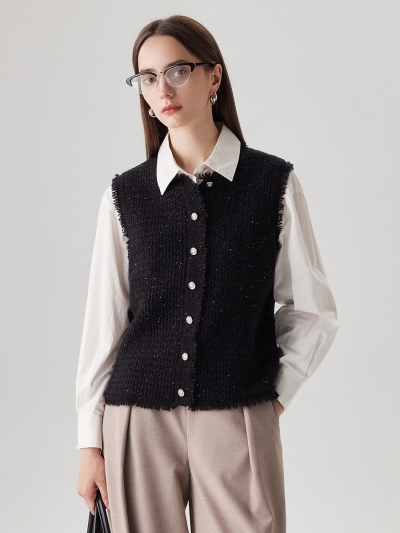 100% Wool Women's Button Down Frayed Hem Knit Vest