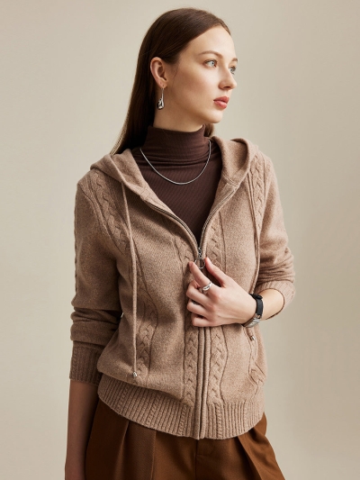 100% Wool Women's Cable Knit Zip Cardigan Hoodie