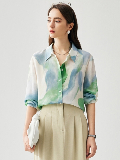 100% Mulberry Silk Women's Watercolor Print Shirt