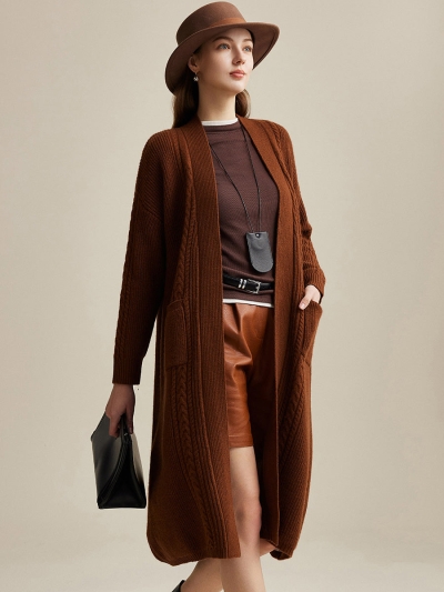 100% Wool Women's Cardigan Long Knit Coats with Pockets