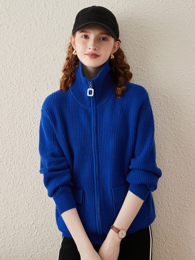 100% Wool Women's Knit Zipper Cardigan with Pockets