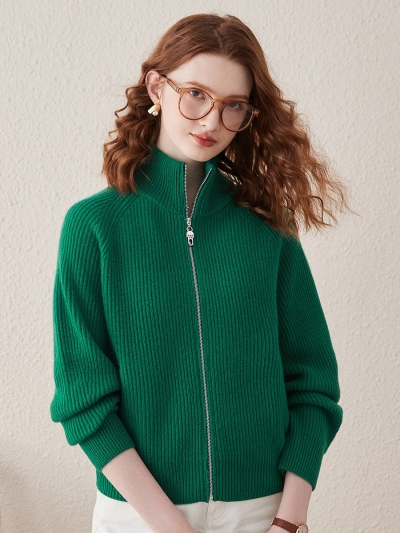 100% Wool Women's Half-High Neck Zip Cardigan